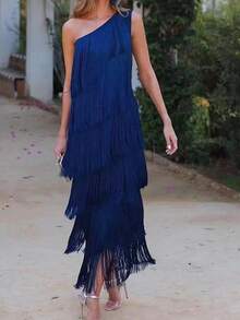 Vestido asimétrico con flecos hombro al descubierto estilo fiesta - Azul - Ver 1