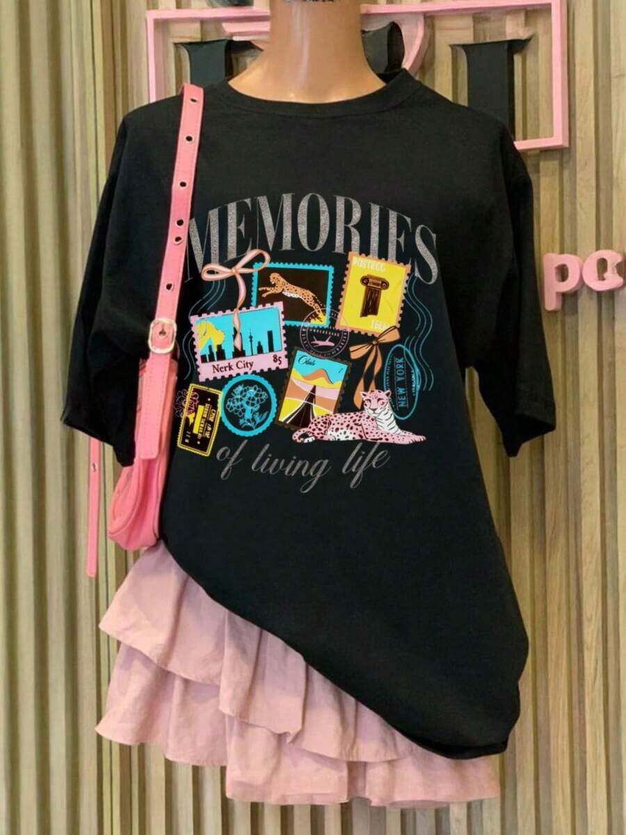 Camiseta holgada de mujer de cuello redondo y hombros caídos, de largo medio, con estampado digital de patrón texturizado, un regalo para amigos - Negro - Ver 1