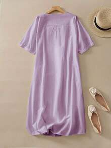 Vestido largo midi casual y elegante de verano para mujer, con estilo vintage bohemio, manga corta, cuello en V, bordados y botones, corte evasé en color blanco - Morado - Ver 3