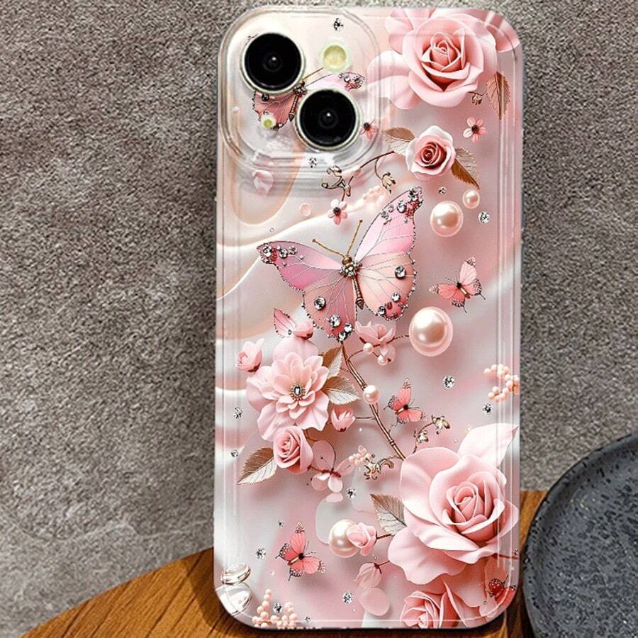 Flower 1pc Pink Bow Personalized Pattern Full Coverage Transparent TPU Phone Case Compatible With Iphone 11 12 13 14 15 16 Pro Max Xr 7 8 Plus, Applicable To Series - Multicolor - View 1