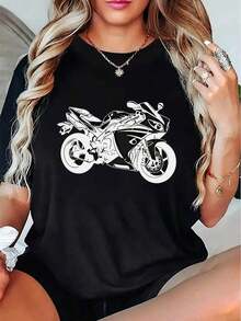 100% Cotton 1 Piece Of Women's Short-Sleeved Summer T-Shirt With Motorcycle Design - A Fashionable And Comfortable Garment For Cycling Lovers. - 黑色 - 查看 2