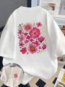 Camiseta de manga corta y cuello redondo para mujer, con estampado gráfico de flores naturales en racimos, para uso diario informal, primavera/otoño/verano, para el Día de San Valentín/regreso a clases, color blanco. - Blanco - Ver 9