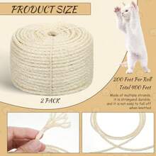 Cuerda de sisal para rascador de gatos de 1/4 pulgadas x 400 pies en total, cuerda de árbol para gatos y gatos, piezas de repuesto, cuerda de cáñamo, para estantes de gatitos, tableros, - como en la foto - Ver 3