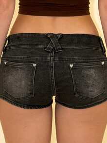 Women Y2k Micro Shorts Denim Low Rise Ruched Booty Shorts Skinny Going Out Mini Bottoms Going Out Rave Music Festival Micro Hot Pants - Black - View 3