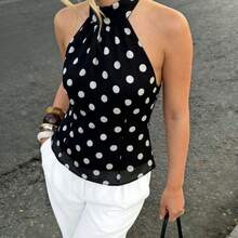 2026 Nueva llegada Blusa sin mangas de cuello halter para mujer - Lindo estampado de lunares negros con espalda abierta y detalle de lazo autoanudado, bajo acampanado, cintura ajustada, tela liviana y fluida tipo gasa, vibra retro, uso casual de verano, para citas, vacaciones en la playa, fiestas de fin de semana, estética de moda, elegante, uso diario y salidas - Marrón Chocolate - Ver 3
