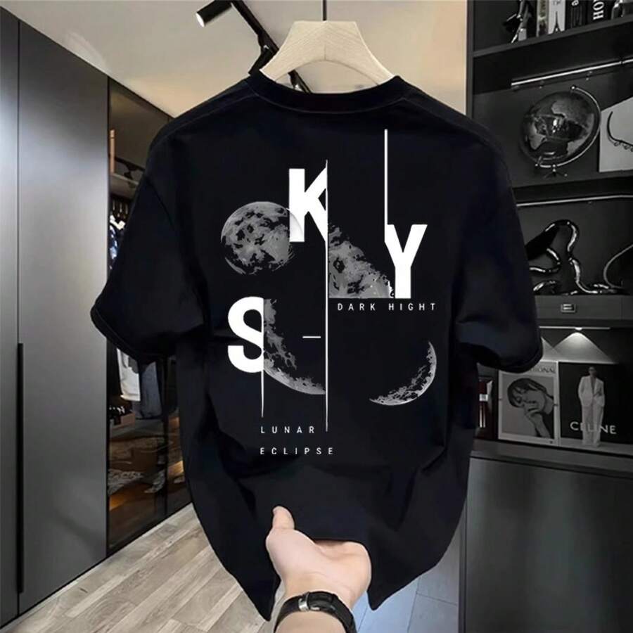 Camiseta casual de algodón puro de estilo americano moderno con estampado de letras para hombre, top casual de manga corta con cuello redondo para verano. RU0J - 200 g de algodón puro - negro - Ver 1