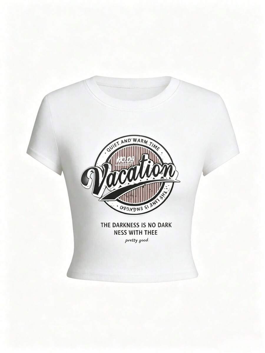 Playera corta ajustada para mujer cuello redondo manga corta, estilo chica atractiva con estampado de letras nuevo de verano.Corte delgado y juvenil, súper trendy y cómoda para el día a día, salidas casuales y lucir un look llamativo y moderno. HDF0 - Blanco - Ver 1
