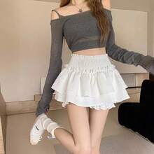 Minifalda bonita y Sexy Balletcore, vestido de baile elástico de cintura alta, falda de retazos con volantes de Lolita, ropa corta coreana dulce Y2K para mujer - Blanco - Ver 9
