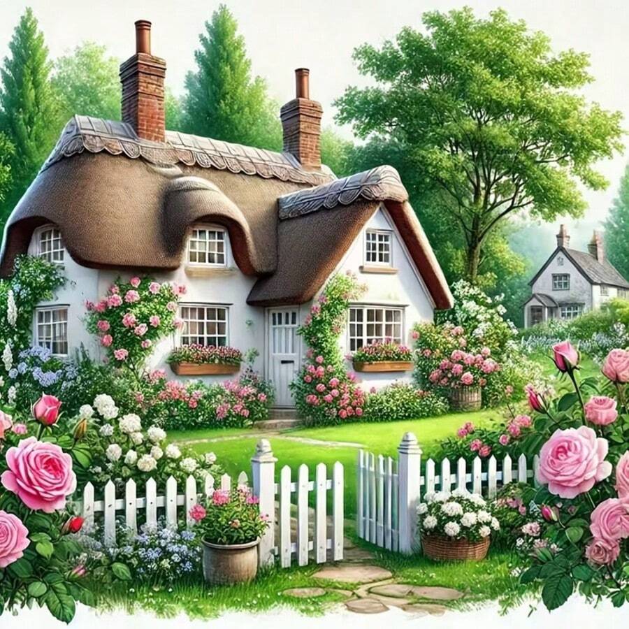1PC DIY 5D Diamond Painting Kit Garden Cottage Pattern - Round Full Drill Art Mosaic Craft, Home Wall Decor, Unframed - No Frame - View 1