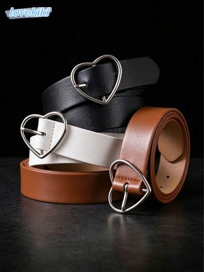 1/2/3 Piezas Cinturones de Cuero PU con Hebilla en Forma de Corazón, Cinturones Planos de unicolor para Mujer, Cinturón Decorativo Versátil para Vaqueros, Vestidos y Atuendos Casuales, Talla Ajustable