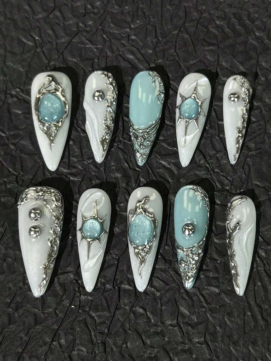 10件組藍色星星與月亮手工假指甲，Y2K風格，美甲用品，美甲配件，美甲套組，美甲藝術，指甲，夏季，美甲配件，手工假指甲，適合女孩和女性在派對和日常生活中佩戴。