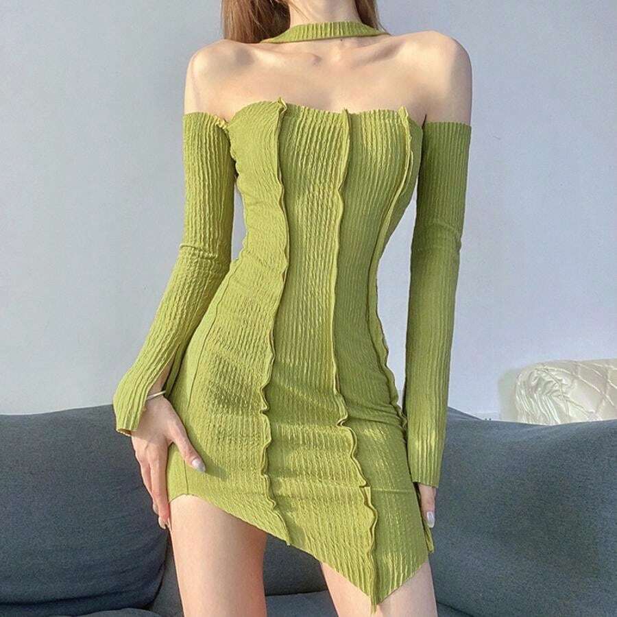 Charming Women One Piece Dress, Long Sleeve Off Shoulder Neck Hanger Solid Color Ribbed Dress For Summer - 綠色 - 查看 1