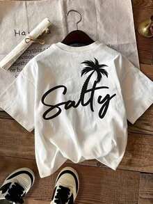 Minimalist. 1 Pack. 100% Cotton. LUNE Women's Salty Beachy Top: Cute Vacation Tee With Palm Tree Graphic For Summer. Summer Crew Neck. - 白色 - 查看 5