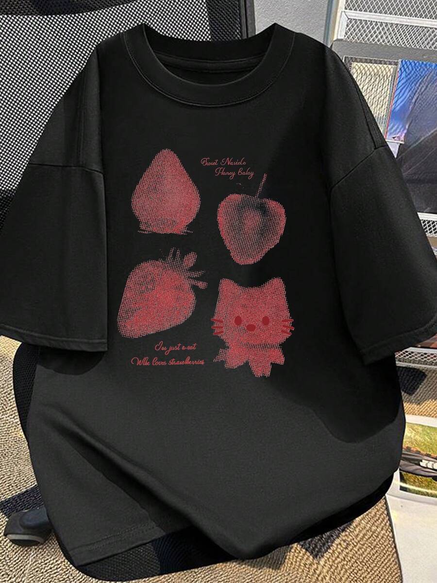 Men's Pure Cotton Short Sleeve T-Shirt With Cat And Strawberry Print, Modern Summer Style, Breathable And Comfortable For Daily Wear And Casual Couples, Unisex - 黑色 - 查看 1