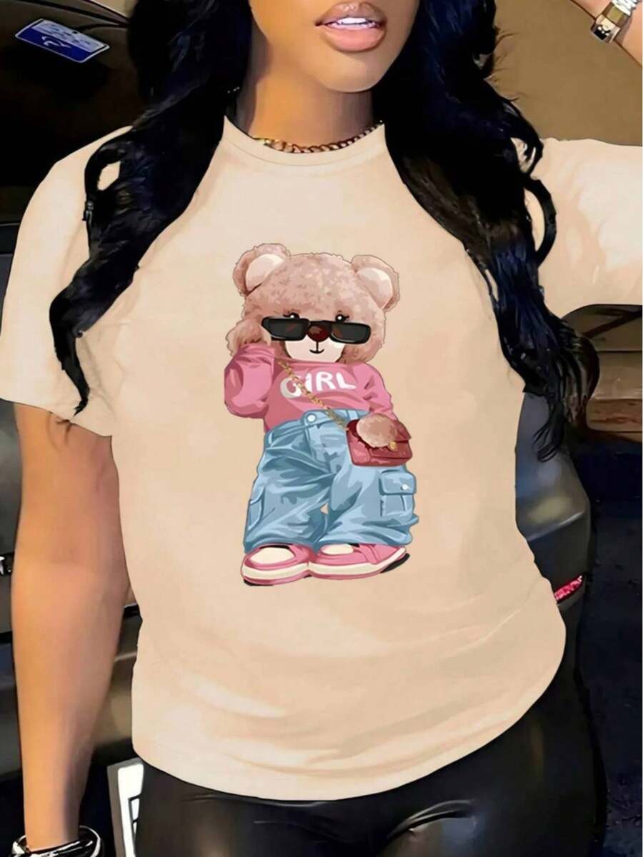 YOCASA Women's Casual Summer T-Shirt, Round Neck, Fitted Short Sleeve, With Oil Painting Print, Floral, Heart, Cherry And Letter Patterns. Simple Casual Fabric, Sporty Style, Ideal For Everyday Wear And Valentine's Day Dates. - 黑色 - 查看 1