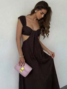 Falda larga elegante de estilo bohemio para mujer, color albaricoque, cuello ancho, diseño acampanado - Café integral - Ver 7