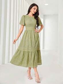 Vestido midi de mujer con cuello redondo, mangas con volantes, bordado y dobladillo con volantes - Verde - Ver 3