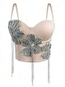 Top de tirantes con flores con brillantes de rhinestone negro, corsé casual de espina de pescado usado por fuera para vacaciones de verano - Albaricoque - Ver 8