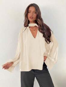 Blusa elegante de gasa con cuello en V profundo y mangas largas con lazo para mujer - Albaricoque - Ver 6