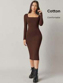 BASICS Vestido ajustado de cuello cuadrado unicolor - Café integral - Ver 7