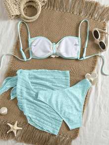 Swim Vcay Conjunto de bikini de 3 piezas con textura de tela, decoración floral, espalda descubierta, lazo, sexy y dulce, de estilo casual en color crema y amarillo, adecuado para la playa y vacaciones - Azul - Ver 2