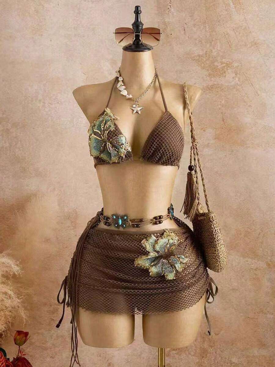Bellisia Conjunto de bikini de 3 piezas con estampado floral de tela texturizada, traje de baño con falda, conjunto de falda de playa para vacaciones de primavera/verano, conjunto de falda de bikini marrón de 2 piezas para mujer - Marrón - Ver 1