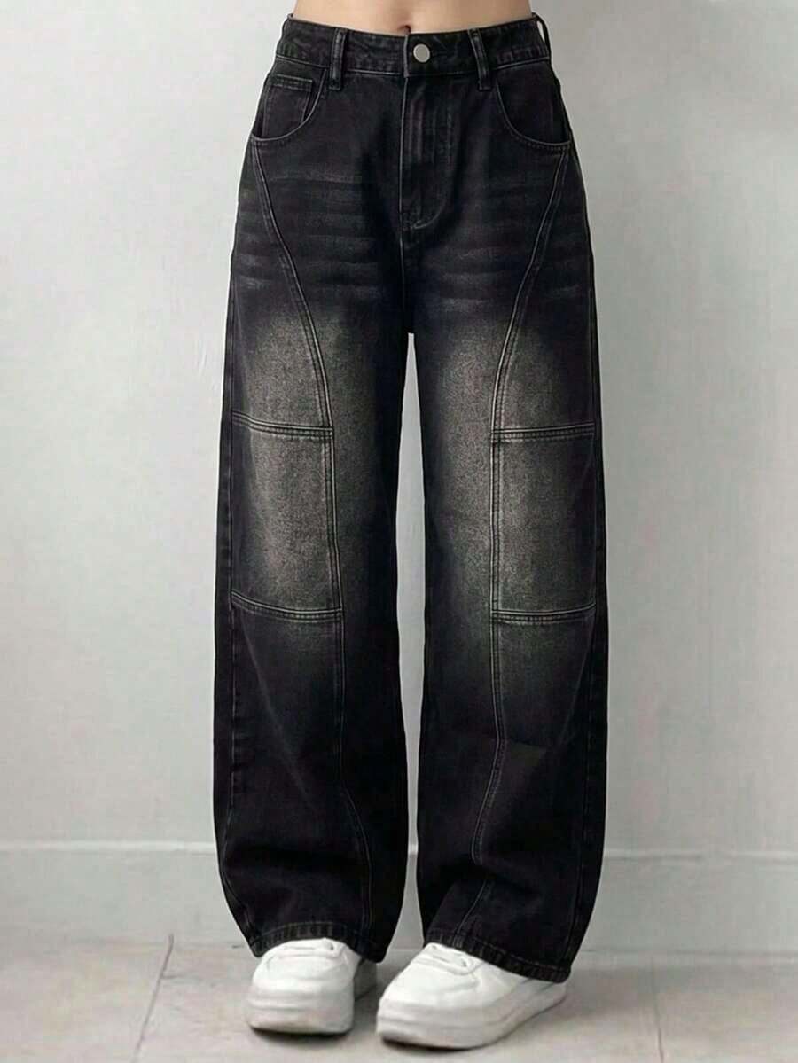 Jeans casuales de bolsillo de ajuste holgado de unicolor para mujer - Negro - Ver 1