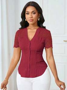 Camisa casual de mujer de unicolor y estilo simple para uso diario, verano - Rojo - Ver 5