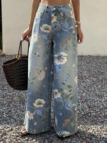 Jeans de pierna ancha con estampado floral, ajuste holgado para mujer, ideal para vacaciones de verano - Azul - Ver 7