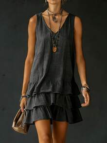"2026 New Spring Summer V Neck Ruffle Linen Dress"| Sleeveless Tiered Mini Dress, Casual Vacation Outfits For US Women - màu đen - Xem 1