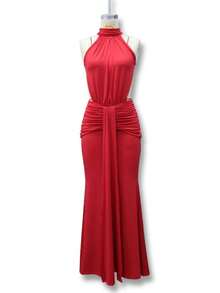 Vestido sirena largo unicolor primavera verano espalda descubierta ajustado para fiesta noche estilo europeo elegante moda nueva para mujer - Rojo - Ver 6