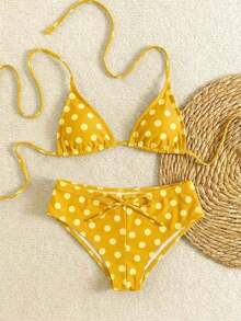 Nuevo conjunto de bikini con estampado de lunares sexy, espalda descubierta y lazo, con tirantes de espagueti para playa y piscina en vacaciones - Multicolor - Ver 2