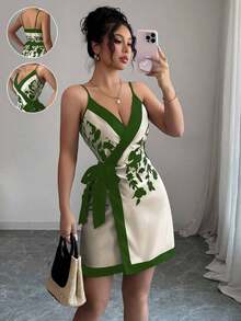 Vestido mini sexy y elegante con cuello en V estilo envolvente y estampado para mujeres - Verde - Ver 12