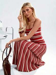 Vestido de punto casual ajustado sin mangas con rayas para mujer - Rojo - Ver 12