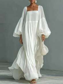 Vestido largo primavera 2026, mangas farol estilo vacaciones, falda amplia elegante - Blanco - Ver 2