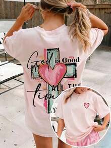 Lightweight Summer T-Shirt With Hand-Drawn Lettering And Cross Print, Christian Religious T-Shirt With The Phrase "God Is Always Good", Casual Short-Sleeve Crew Neck Faith Clothing, White - 粉色 - 查看 2