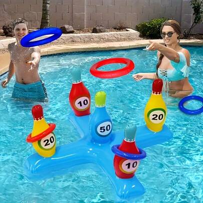 5-Piece Inflatable Bowling Game Set - Perfect For Family Gatherings, Bar Games, And Pool Fun. Made Of Durable PVC, Suitable For Ages 14 And Up (Circle Colors Are Random).