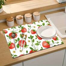 1pc Dish Drying Mat, Coffee Machine Pad, Strawberry & Leaf Floral Pattern, Vibrant Red & Green Color, Suitable For Dining Table & Cafe, Absorbent & Anti-Moisture, Multi-Purpose Drainage Mat, Home Gift, Desktop Decor - XYLSD-368 - View 9