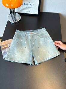 ALO FASHION Shorts vaqueros bohemios, bonitos y sexys para mujer, ideales para fiestas, con detalles de malla metálica y diamantes de imitación. Pierna recta y tejido elástico de alta calidad. - azul real - Ver 4