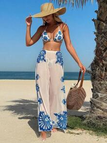 HaiiMeid Conjunto de bikini de 3 piezas con estampado de cerámica azul y blanco con Bottom de pierna ancha - Elegante estilo de vacaciones mediterráneas - Traje de baño de cintura alta para verano - Multicolor - Ver 3