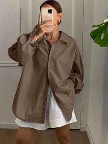 Blusa suelta de manga larga con cuello vuelto, abertura en la espalda y lazo, unicolor, ropa de otoño para mujer - Marrón 2 - Ver 2