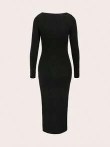 BASICS Vestido ajustado de cuello cuadrado unicolor - Negro - Ver 2