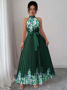 Vestido holgado de verano elegante con estampado floral y cuello halter para mujer - Verde Oscuro - Ver 6
