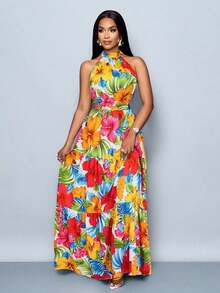 Vestido largo de mujer con estampado floral en todo el vestido, estilo halter con cinturón, fluido para vacaciones - Rojo - Ver 6