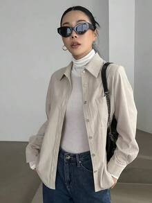 Camisa con botones y bolsillo con parche, blusas de manga larga, ropa de mujer para otoño - Beis - Ver 3