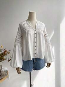 Blusa de encaje azul de manga larga para mujer, adecuada para uso casual, vacaciones, estilo bohemio, festivales de música y otras ocasiones - Blanco - Ver 3