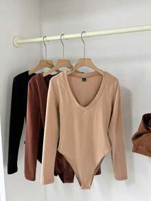 BASICS Set de 3 piezas de body de punto liso, con escote de corazón y manga larga que se ajusta al Body, de estilo casual para mujer - Multicolor - Ver 8