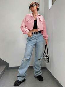 Chaqueta corta de pana con detalle de solapa en el hombro para otoño/invierno - Rosa Pálido - Ver 5