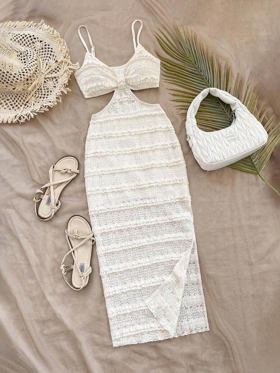 Camiseta de tirantes casual y sexy con recortes en la cintura, de tela con textura para vacaciones - Beis - Ver 1