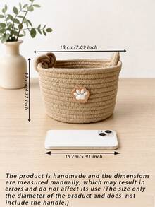 1pc Handmade Cotton Rope Woven Storage Basket, Minimalist Ins Style Khaki Round Basket With Handle, Comes With Cat Paw Sticker Decor, Foldable Storage Basket, Suitable For Storing Pet Supplies, Desktop Items, Cosmetics, Snacks, Bathroom Essentials - Multicolor - View 2